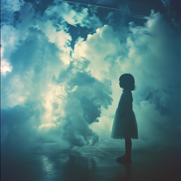 Child standing under glowing synthetic clouds in a dark room ethereal surreal futuristic luminous