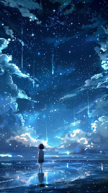 Child standing water looking night sky clouds falling shooting stars animestyle