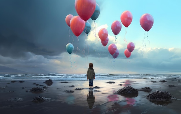 A child stands on a beach with balloons floating in the sky.