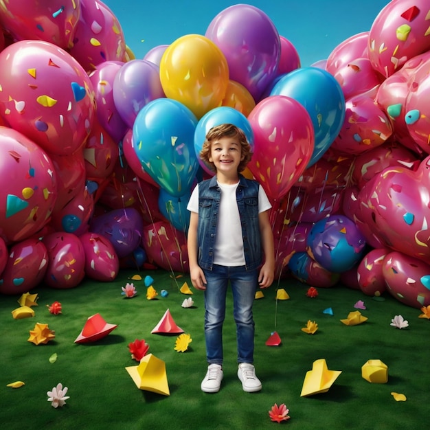 a child stands in front of balloons and a blue sky with a blue background