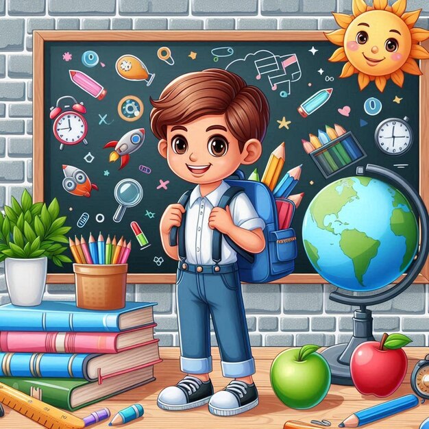 Photo a child stands in front of a chalkboard with a globe and books