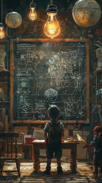 A child stands in front of a large chalkboard covered in drawings and equations illuminated by vintage hanging lightbulbs