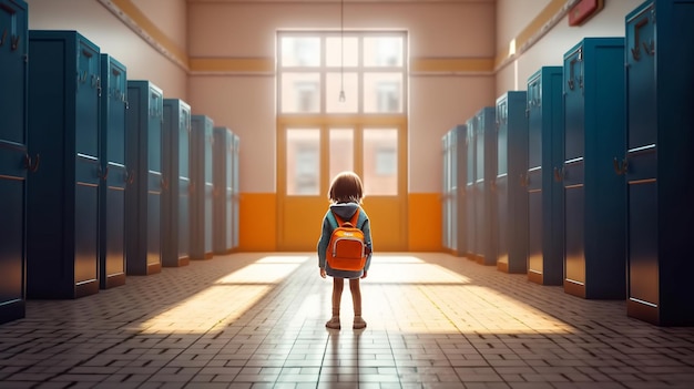 A child stands in a hallway with lockers and a backpack that says'i love you '