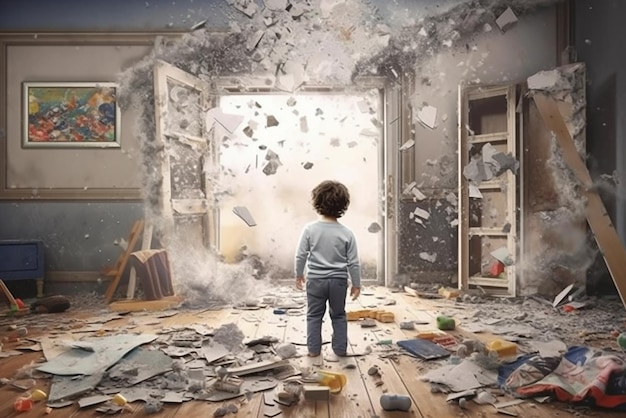 the child stands and looks out the window at the destruction