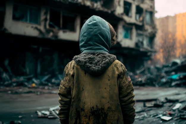 A child stands on the street in a jacket and looks with his back at his destroyed house Generative AI