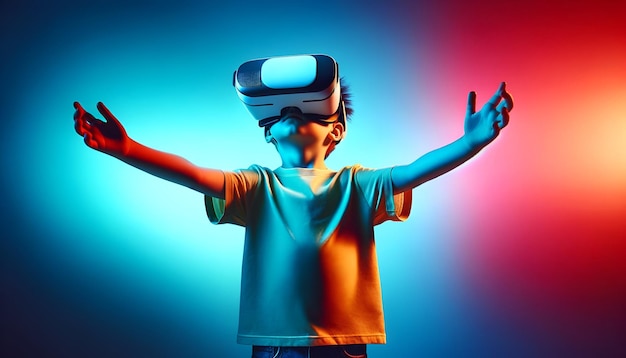 Child stands with open arms and wears virtual reality glasses