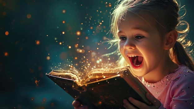 The child staring or looking at the magical book turning page by itself aigx