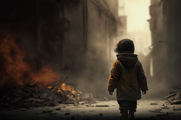 Child on street of bombed city in burning ruins concept no war Generative AI