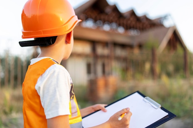 Child in a suit of an engineer is checking and inspecting the building