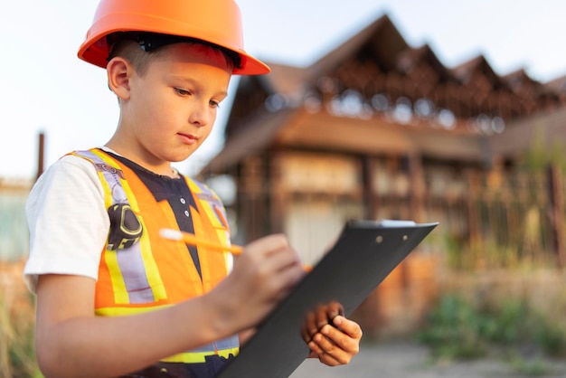 Child in a suit of an engineer is checking and inspecting the building