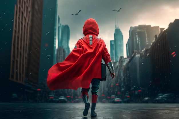 A child superhero in a mask flies against the backdrop of the city to help people in a red raincoat Generative AI