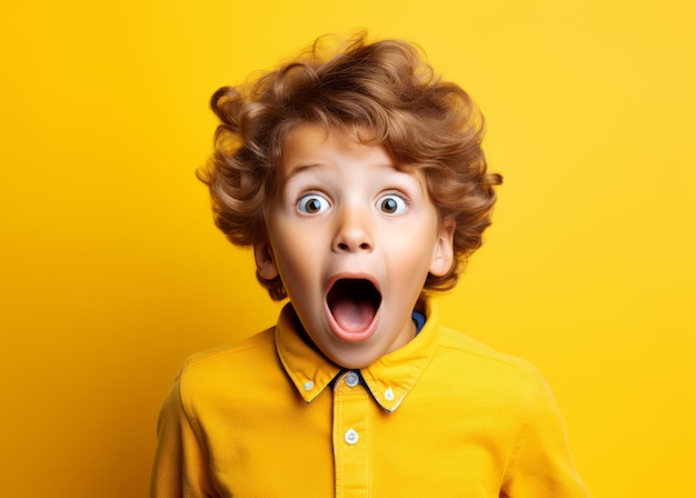 child surprised looking at yellow background with hands and glasses