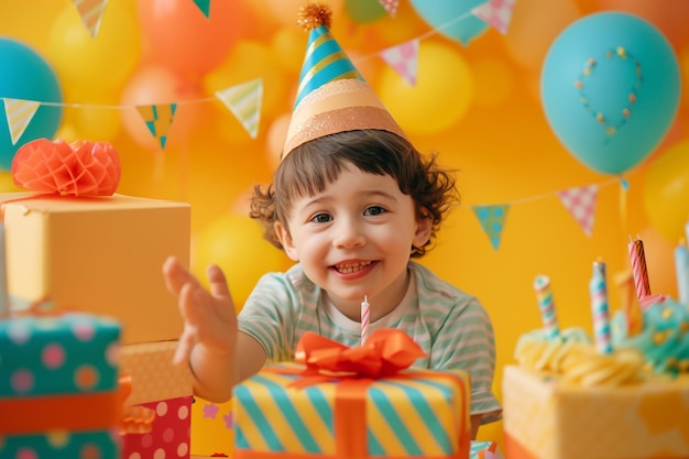 Child surrounded by vibrant birthday presents and decorations in a studio emphasizing the fun and celebratory atmosphere of their birthday party