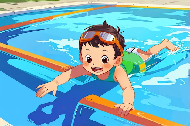 a child swimming in a pool with a picture of a boy swimming in the water