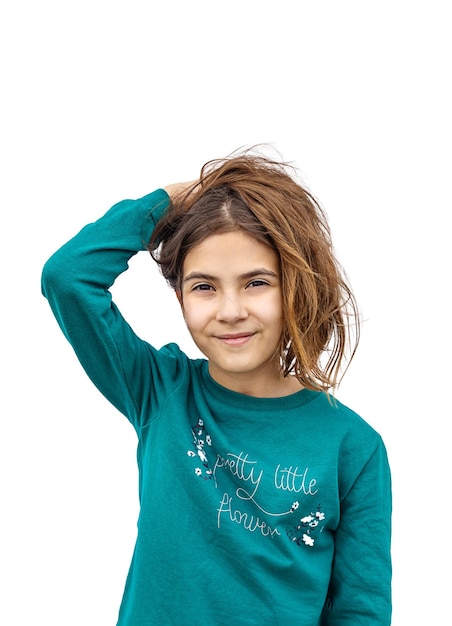 Child teenager girl holding hair with her hands selective focus