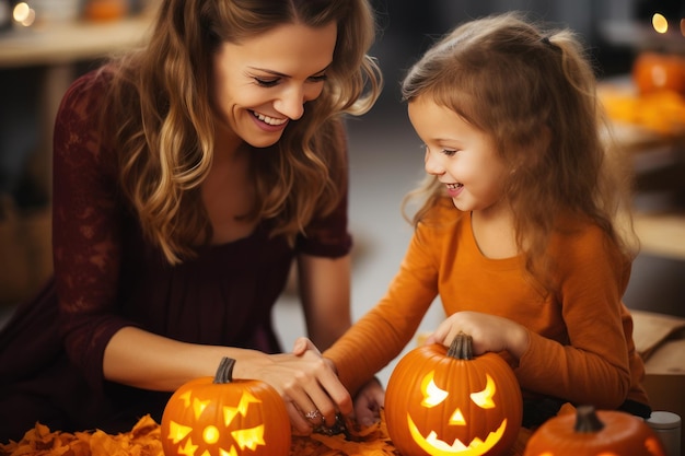 a child and their mother carving pumpkins for Halloween Generative AI