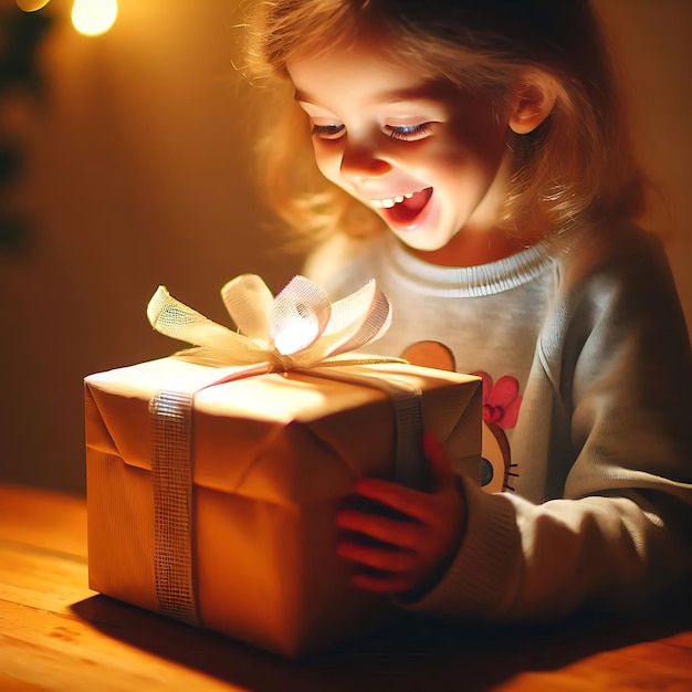 Child Unwrapping a Gift with Excitement and Wonder