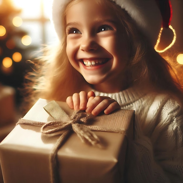 Child Unwrapping a Gift with Excitement and Wonder