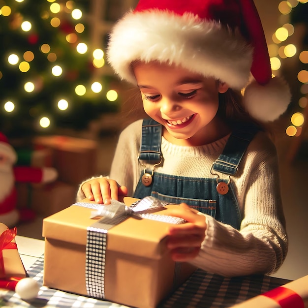 Child Unwrapping a Gift with Excitement and Wonder