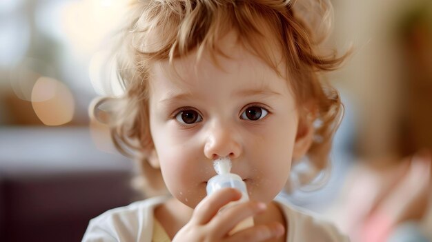 Photo child using irrigation kit under parental guidance for pediatric sinus treatment