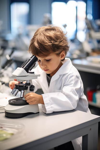 Child using a microscope in a science lab