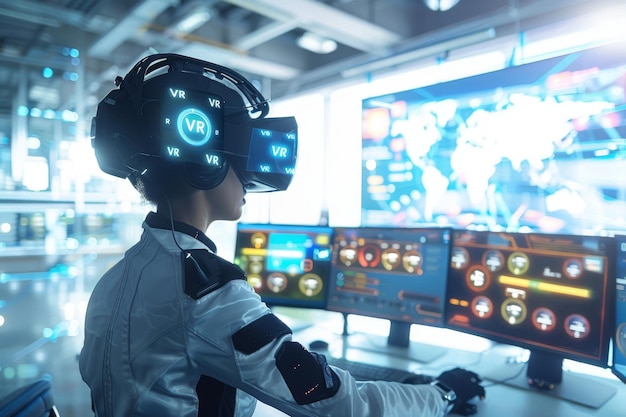 Child using VR headset in a hightech control room exploring virtual reality simulations modern a