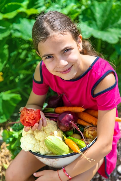 Child in the vegetable garden selective focus