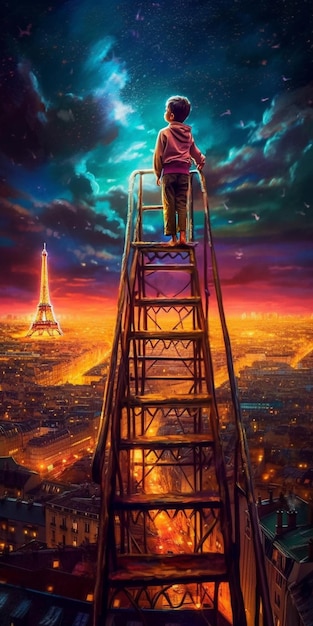 Child viewing the Eiffel Tower from a very large ladder Image generated by Ai France Illustration