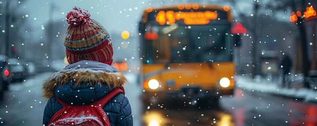 A child waits at the bus stop ready to board the bus to get to school in the early morning