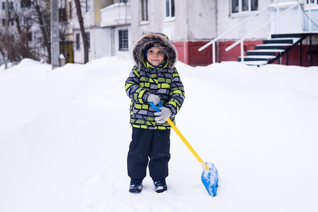 child on a walk in winter in cold snowy weather in an urban environment