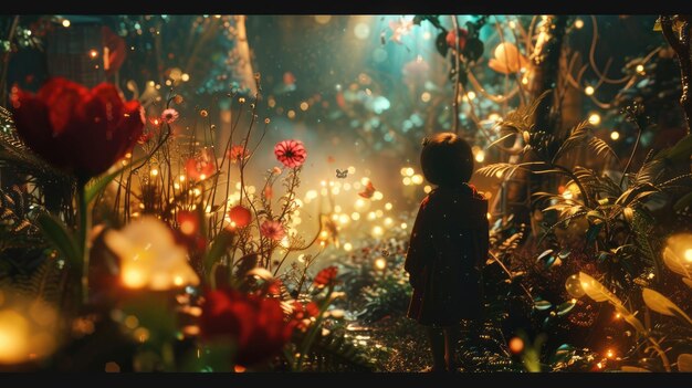 Photo child walking at fantasy forest with glowing flower with magical moment aig42