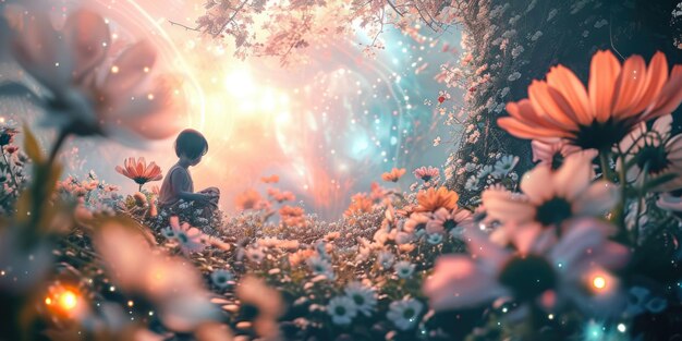 Photo child walking at fantasy forest with glowing flower with magical moment aig42