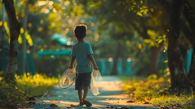 a child walks in the park with a net in his hand