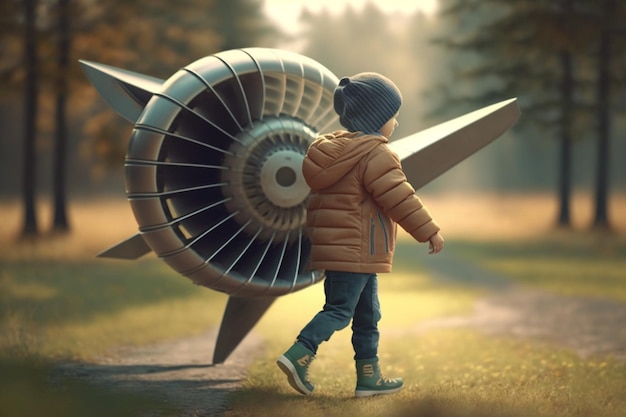 A child walks past an airplane that has the word jet on it.