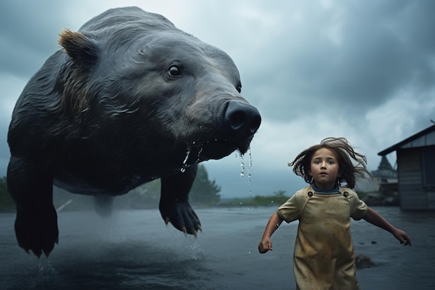 a child walks past a rhino that has a large head of a pig.