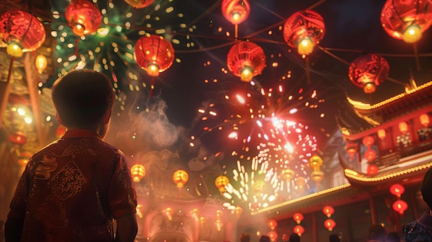 Photo a child watches fireworks with a girl watching