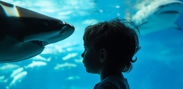 Child Watching Shark at Aquarium Exhibit with Blue Ocean Background