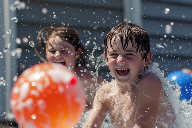 Child water balloon fight in swimming pool