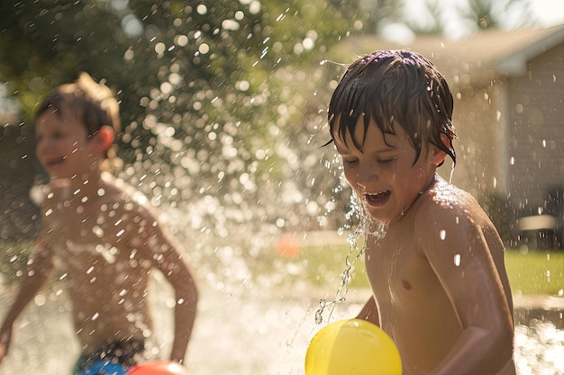 Child water balloon fight in swimming pool