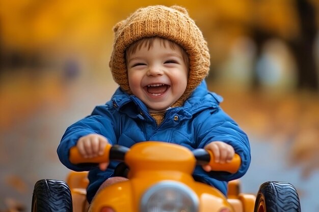 Photo a child wearing a beanie rides a yellow tractor