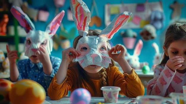 Photo a child wearing bunny ears and a bunny mask with the face painted like a rabbit