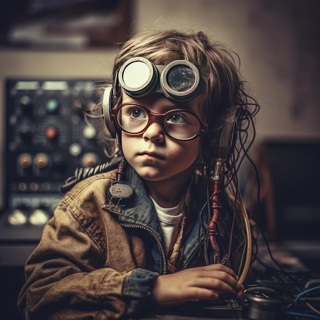 A child wearing glasses and a light brown jacket sits in front of a computer monitor.