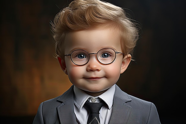 a child wearing glasses and a suit