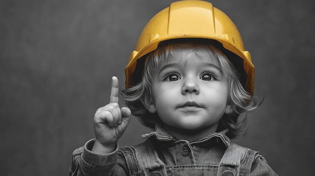 Photo a child wearing a hard hat pointing up with his finger