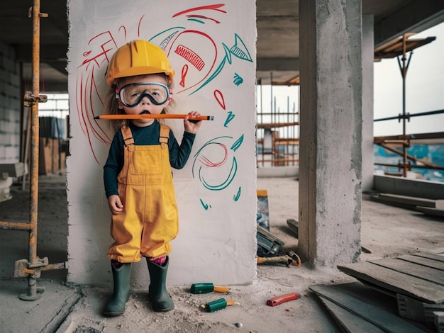 Photo a child wearing a hard hat and a yellow hard hat is standing in front of a graffiti wall