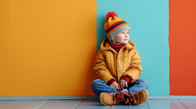 Photo a child wearing a hat sits on the floor in front of a blue wall