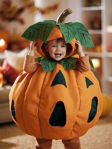 Photo a child wearing a pumpkin costume that says quot 1 quot on it