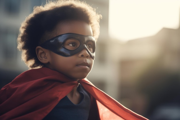 A child wearing a red cape and a cape stands in the sunlight.