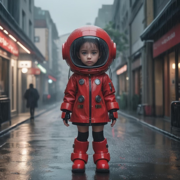 Photo a child wearing a red suit and a red jacket stands on a wet sidewalk