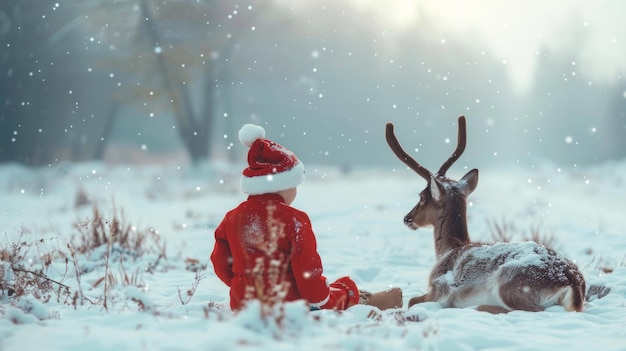 Child wearing a red winter coat sitting next to a reindeer in a snowy forest Concept of winter childhood holiday season friendship